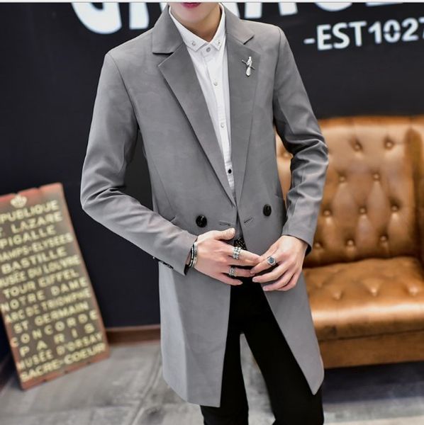 

men's double breasted slim fit formal casual jacket for men medium long trench coat mens black blue gray green suits jacket male, White;black