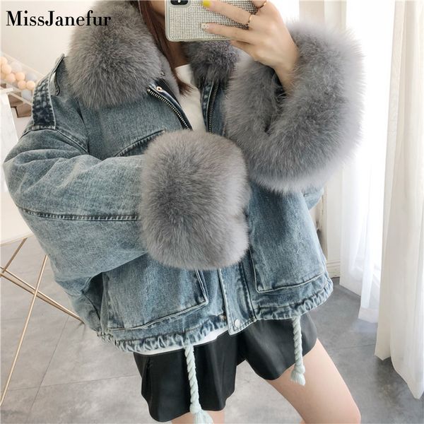 

denim jacket female winter big fur collar korean locomotive lamb coat female coat, Black