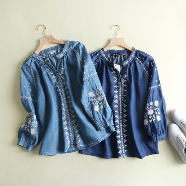 

soft denim national wind embroidery v-neck lantern sleeve shirt blouse 2019 spring summer, White