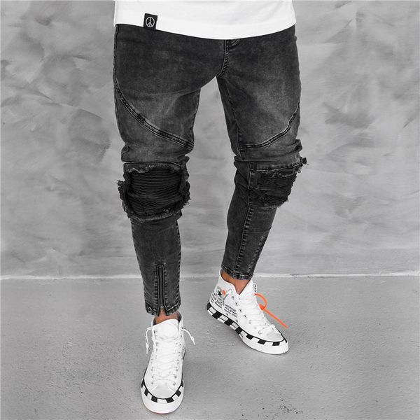

hole mens designer jeans fashion vintage bleached zipper panelled mens skinny pencil pants casual males clothing, Blue