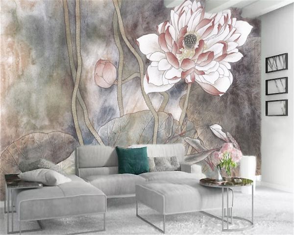 

3d wallpaper vintage european-style retro flamboyant lotus and lotus leaves customize premium interior decoration wallpaper