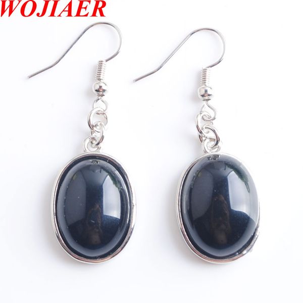 

wojiaer new natural black agate gem stone oval drop earrings beads healing earring women jewellery dr8030, Silver