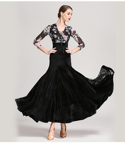 

women modern dance wear ballroom dance training dress ball dancing costumes waltz tango rumba lace full skirt dress s9049, Black;red