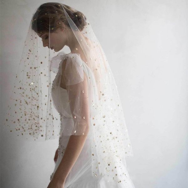 

2 layers cut edge wedding veil for bridal gold star beads sparkle wedding accessories velos de novia, Black