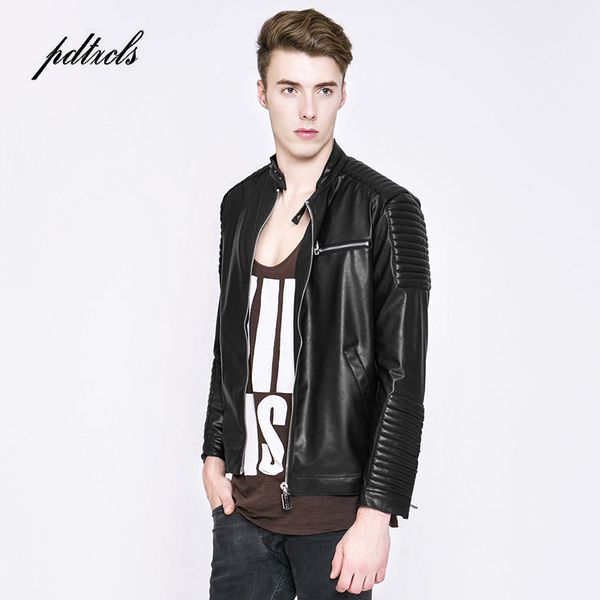 

new western style fashion brand individuality windbreaker men's slim leather jackets casual full male moto biker pu faux coats, Black