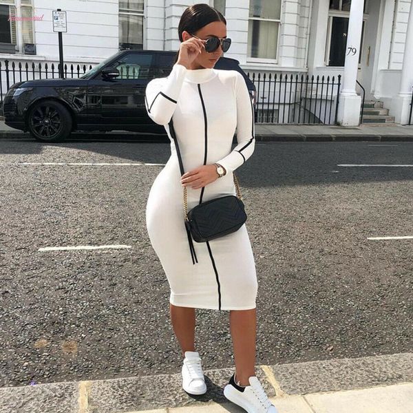 

fashion women contrast color long sleeve solid temperament fitness summer long sleeve bodycon stretch pencil dress, Black;gray