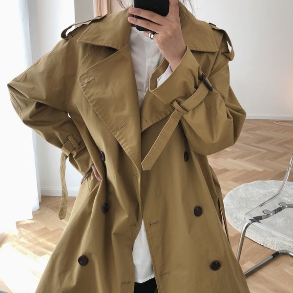 

lanmrem 2019 new fashion autumn casual style temperament belt long-sleeved double-breasted loose mid-length trench jacket ai757, Tan;black