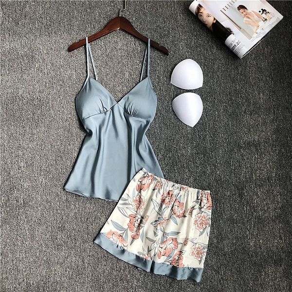 

floral print lace cami and shorts satin pajama sets summer women spaghetti strap fake silk sleepwear, Blue;gray