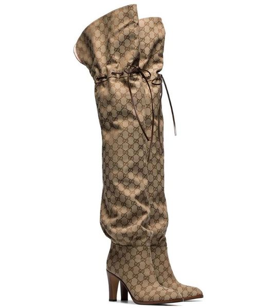 

branded women letter canvas over-the-knee boot designer girl leather high heel rubber outsole boots, Black