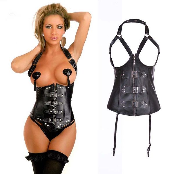 

wholesale black steam punk leather open bra corset bustier set lingerie women lace up corset thong, Black;white