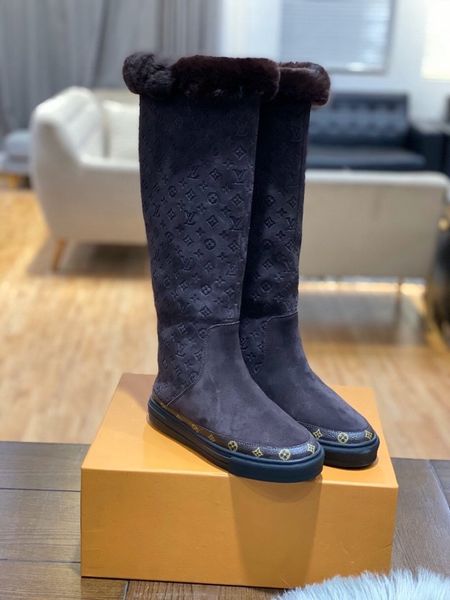 

new snow boots luxury knight boots tall deerskin wool winter plus velvet inner flat women's boots size 35-40 02, Black
