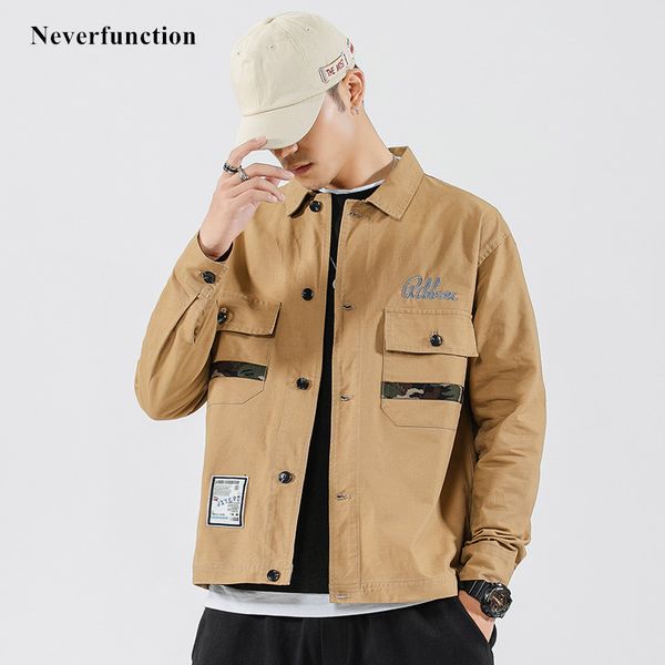 

mens streetwear letter embroidery loose casual cargo jackets autumn camouflage stitching hip hop style cotton jacket outwear, Black;brown