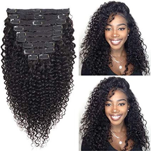 

jerry curly clip in hair extensions 8a real hair brazilian virgin human double lace wefts hair curly clip ins for black women 120g, Black;brown
