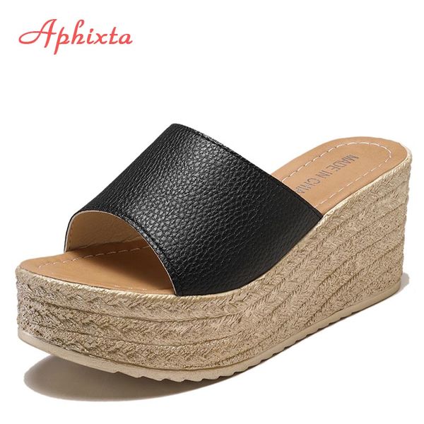 

aphixta summer woman shoes platform wedge slippers beach high heels women slipper ladies shoes cork gold heel flip flop sandals, Black