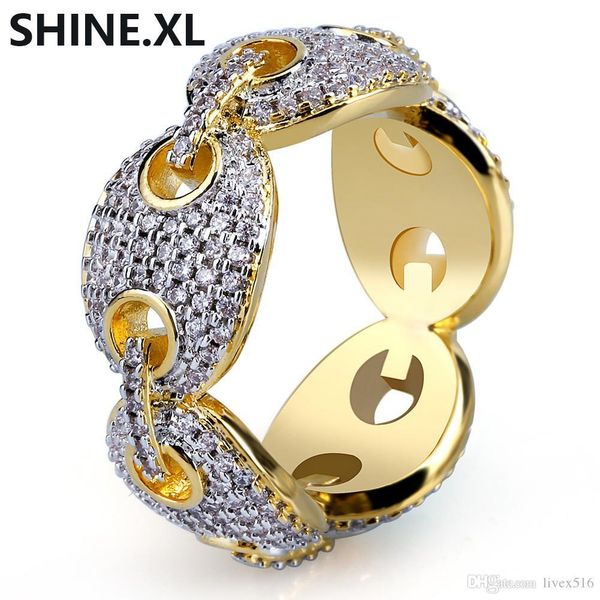 

hip hop men gold ring micro pave zircon iced out link chain ring fingle bling jewelry, Silver