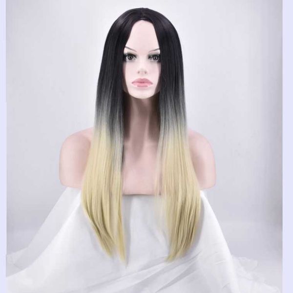 

fashion women's gradient color long straight centre-parted hair wig pink blonde hair for chic girls cosplay show party, chemical fiber, Black