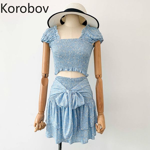 

korobvov summer print women skirt sets short slash neck shirts + lacing bow mini skirts korean beach two piece set 78285, White