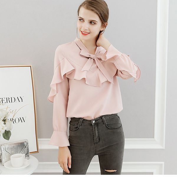

sweet new spring autumn blouse women long butterfly sleeve ruffles shirts stylish leisure shirt bow tie office ladies solid, White