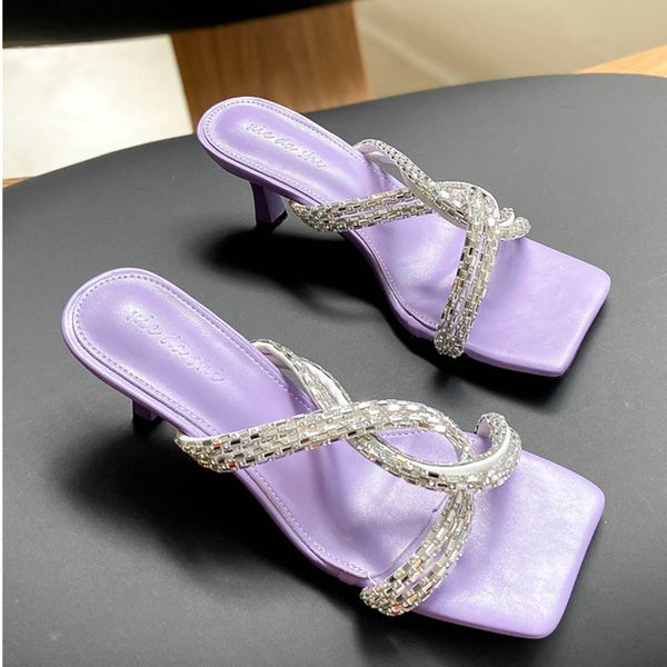 

deat] 2020 new summer square toe wear outside high heel thick cross rhinestone head slippers hollow out women shoes se465, Black
