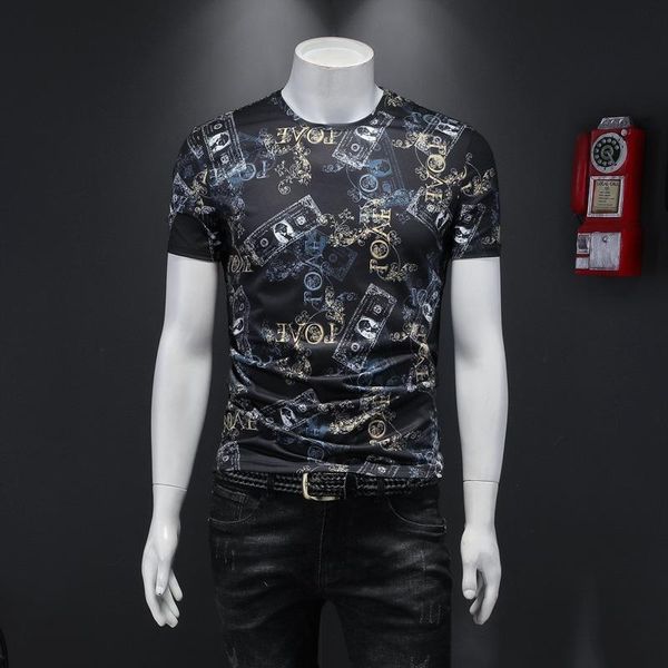 

summer men's short-sleeved t-shirt ice silk cotton printing mercerized cotton slim wild casual half-sleeved t-shirt trendy men m-5xl, White;black