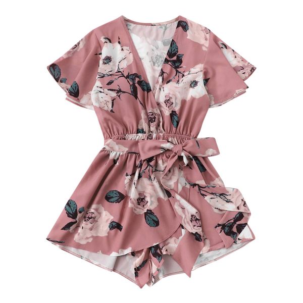

women's v-neck bow tie jumpsuit romper ladies summer shorts jumpsuit floral print pink combinaison femme, Black;white