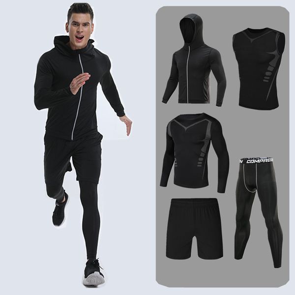 

men compression runs set tight legging shirt pants long sleeves sport clothing teen tracksuit suit man sportwear dry fit, Black;blue