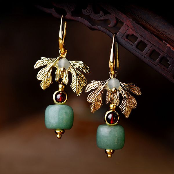 

original green aventurine dangle earrings women , gold leaves vintage earrings style,new nature stone ethnic earrings jewelry, Silver
