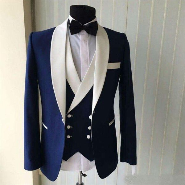 Abiti da sposa uomo su misura scialle bianco risvolto slim fit blu smoking dello sposo uomo affari abiti da ballo (giacca + gilet + pantaloni)