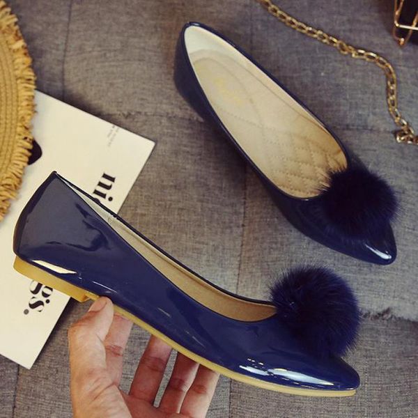 

pointed toe women shoes loafers slip on flats lady shallow single shoes patent leather hairball fashion large size zapatos mujer, Black