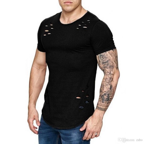 

men's streetwear break hole t-shirt loose fit short sleeve t shirt casual solid color crew neck hip hop tshirt bmtx42 f, White;black