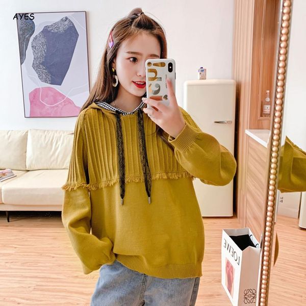 

fashion sweater pullover long sleeve 2019 hooded pull femme tassel hoodies solid yellow knitted sweater women jumper streetweart, White;black