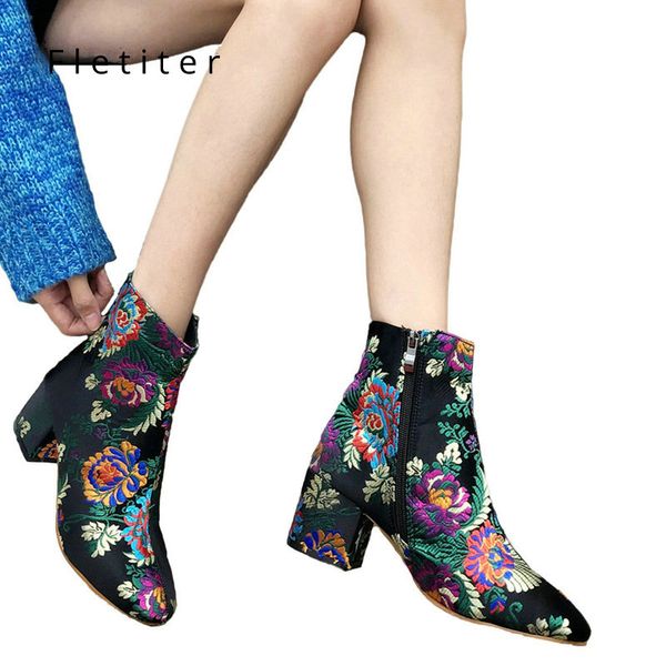 

winter shoes floral ankle boots for women fashion embroidery designer 6cm block heel shoes round toe boots brand 2018 fletiter, Black