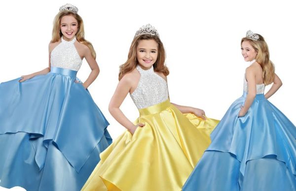

modern light blue yellow girls pageant dresses with pockets satin halter neck beaded long flower girls first communion dress, White;red