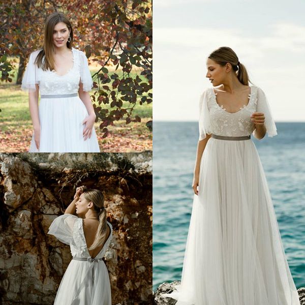 

2019 country bohemian wedding dresses scoop neck short sleeve lace appliques bridal gowns backless floor length beach a line wedding dress, White