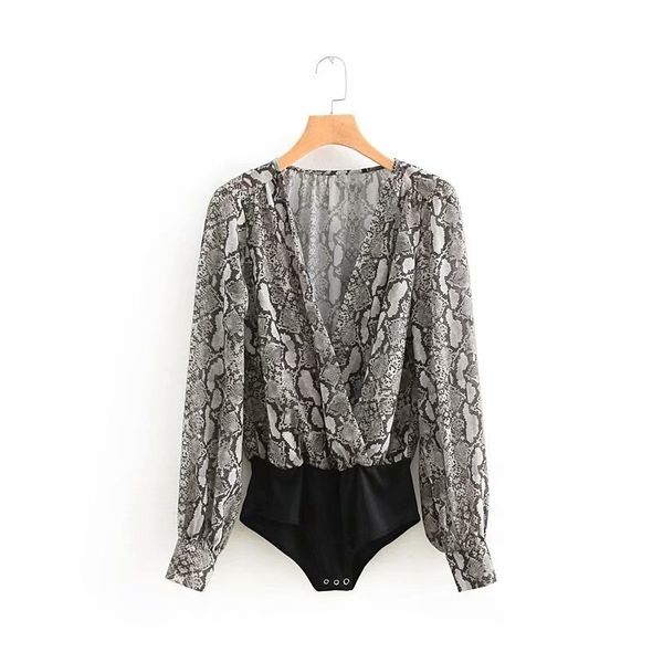 

jumpsuit ladies bodysuit women cross v neck snake print slim bodysuit shirt casual long sleeve siamese playsuits blusas ls2626, Black;white
