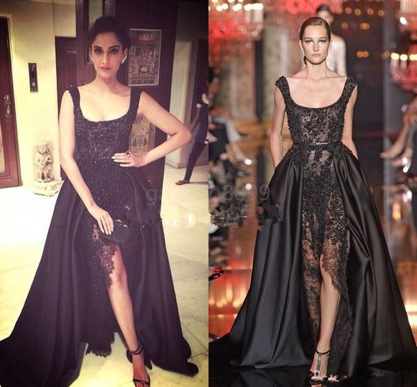 

elie saab sonam kapoor повод выпускные платья горячие сексуальные черные кружева жемчуг кристалл над юбками сплит вечерние платья дубай сауд, Black;red