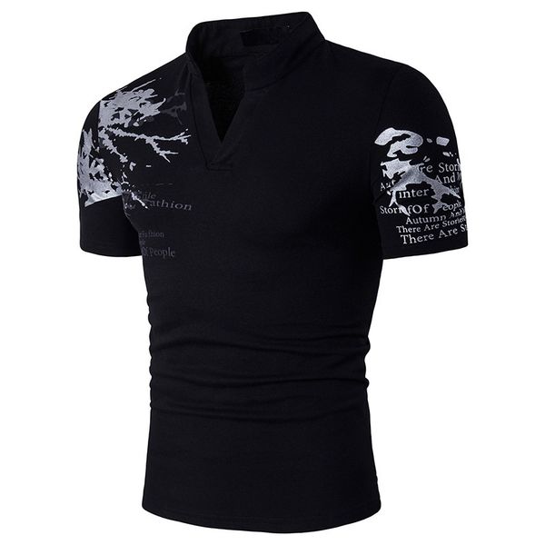 

men's clothing casual fashion summer new printing stand collar polo shirt short-sleeved large size t-shirt, Gray;blue