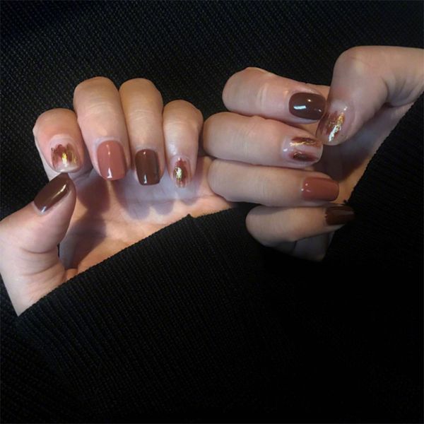 

false nails 24pcs/set mixed pink coffe short design gold foil decal full cover artificial nail art tips manicure tool fake, Red;gold