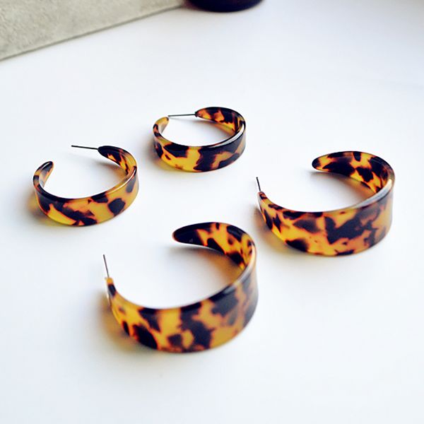

vintage classic acrylic half round c shape stud earings semicircle tortoiseshell exaggerated geometric resin leopard color, Golden;silver
