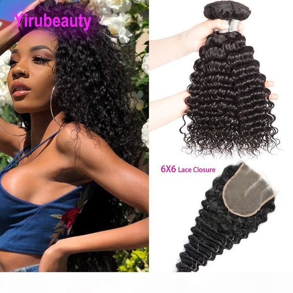 

peruvian human hair wefts with closure 6x6 with 3 bundles deep wave lace closure with 6*6 closure natural color deep curly, Black;brown