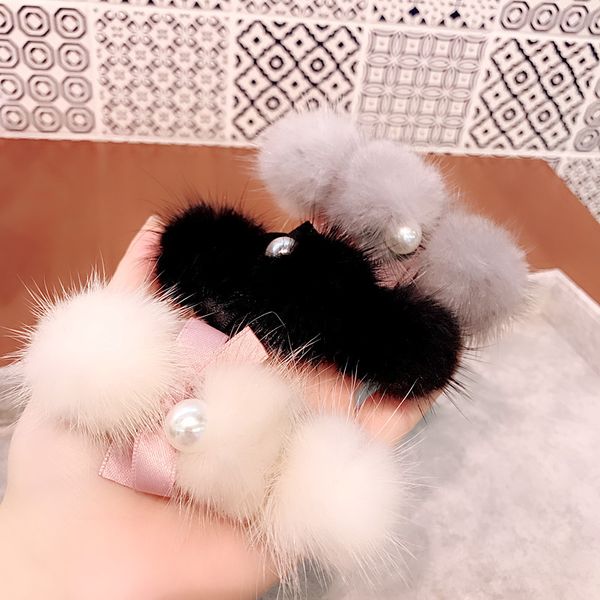 

korean new fashion mink hairball hairpin cute bowknot spring clips clip ponytail holder fashion for women hair accessories, Golden;white