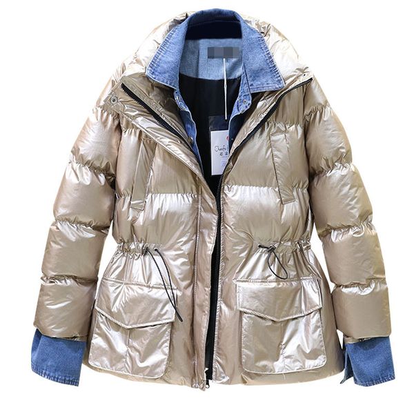 

2019 new winter women jacket korean loose glossy denim stitching down cotton coat girl fashion waist thickened bread servicetide, Black