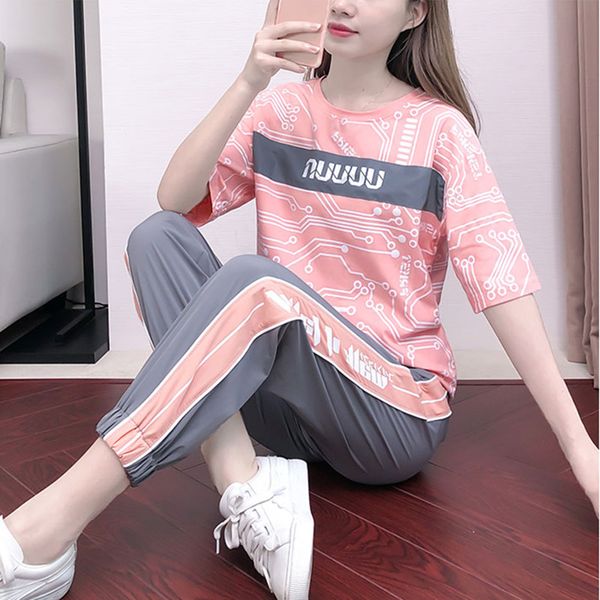 

summer fashion women 2pcs fitness gym tracksuit sports yoga jogger suit set letter print t-shirt + casual loose pants, White;black