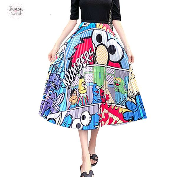 

women skirts floral high elasticity cartoon printing midi pleated skirt jupe femme autumn summer spring skirts, Black