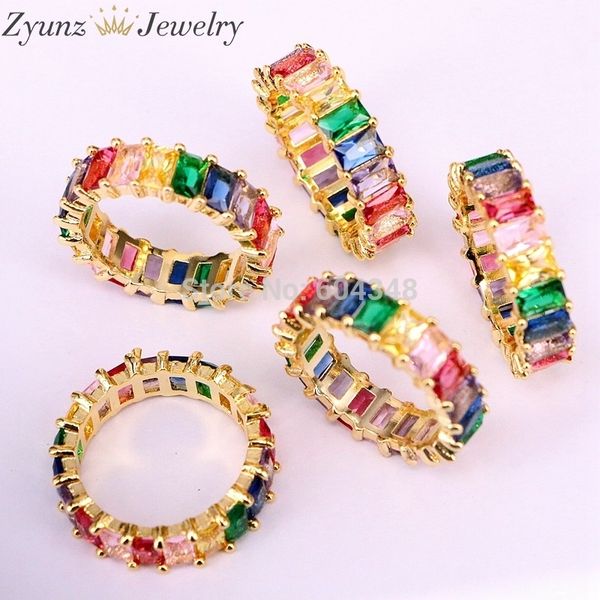 

5pcs gold filled fashion jewelry rainbow square baguette cz engagement ring for women colorful cubic zirconia cz ring j 190515, Slivery;golden