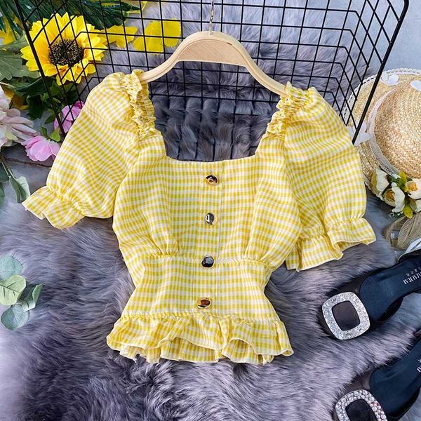 

2020 новый летний оборками plaid женщины tshirts упругие назад высокой талией кнопки тонкий женские футболки мода crop топы, White