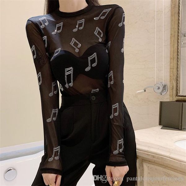 

женская сексуальная перспектива основывая рубашка мода black mesh hot diamond black sheer внутри длинные рукава футболки, White