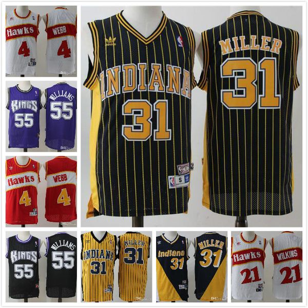

indiana pacers reggie 31 miller sacramento kings jason 55 williams nba hawks 21 dominique wilkins 4 spud webb basketball jerseys, Black