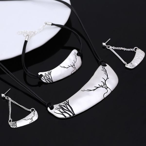 

fashion necklaces for women earrings bracelets silver plated jewelry sets leather chain enamel jewelry set elk print