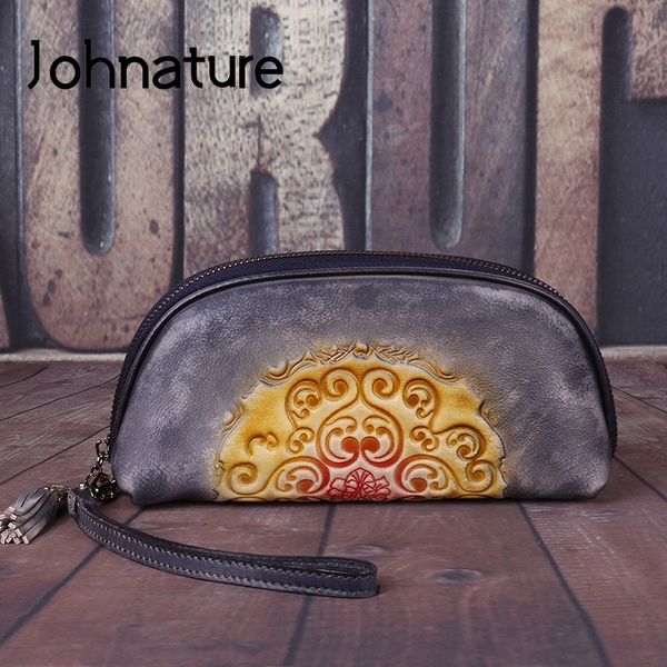 

johnature retro embossed genuine leather women handbags 2019 new casual cowhide day clutches floral zipper ladies clutch bags